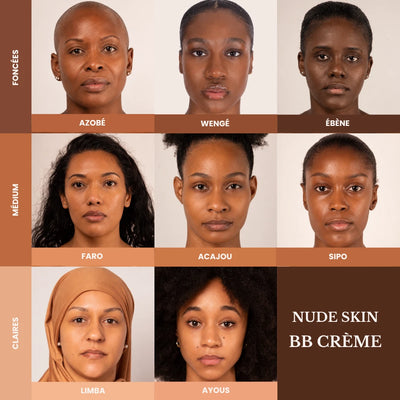 Nuancier des 8 teintes de la BB Crème Nude Skin : claires, médium et foncées
