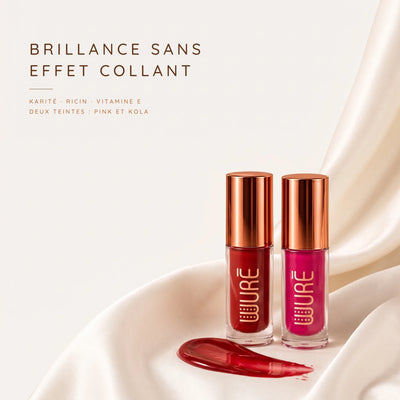 Velvet Gloss : brillance sans effet collant, karité, ricin, vitamine E, deux teintes Pink et Kola
